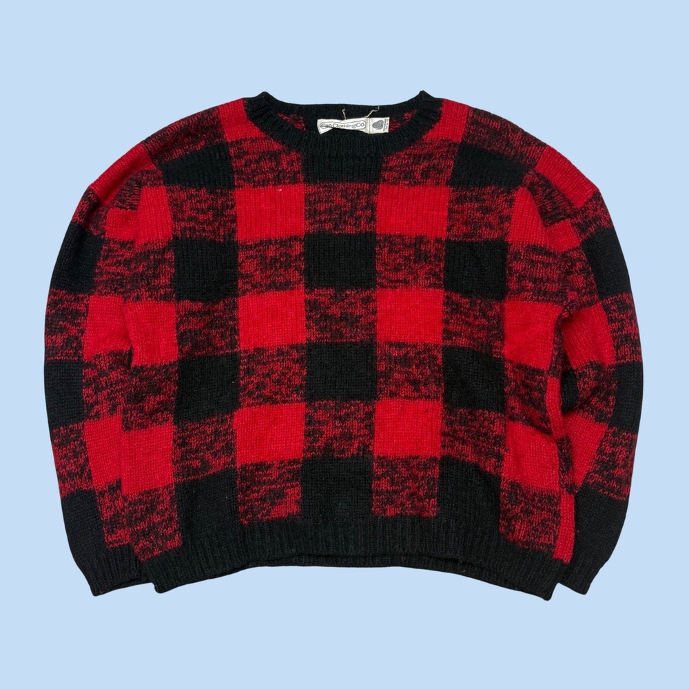Sun Clothing Co Mens Vintage Pure Wool Buffalo Plaid Crewneck Sweater Red Black